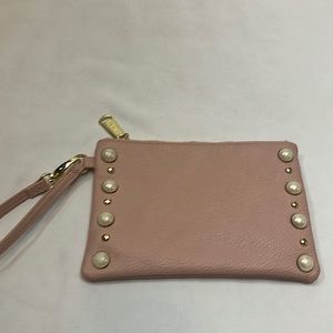 Steven Madden pink mini wristlet bag with pearls and gold studs 6x8 size bag